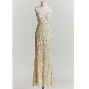 Anthropologie BHLDN Mignon Aria 1920's Art Deco Champagne Beaded Gown